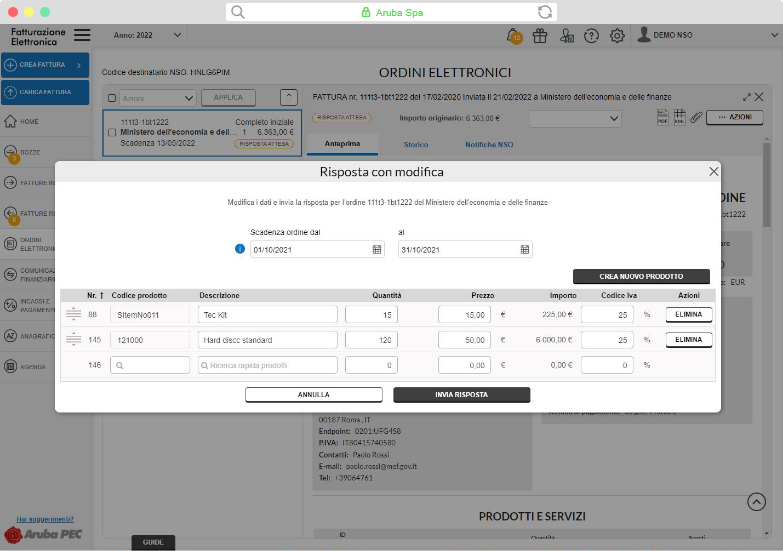 NSO: risposta con modifica ordini elettronici