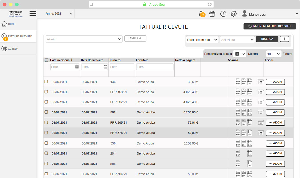 Fatturazione Elettronica solo Ricezione: fatture ricevute