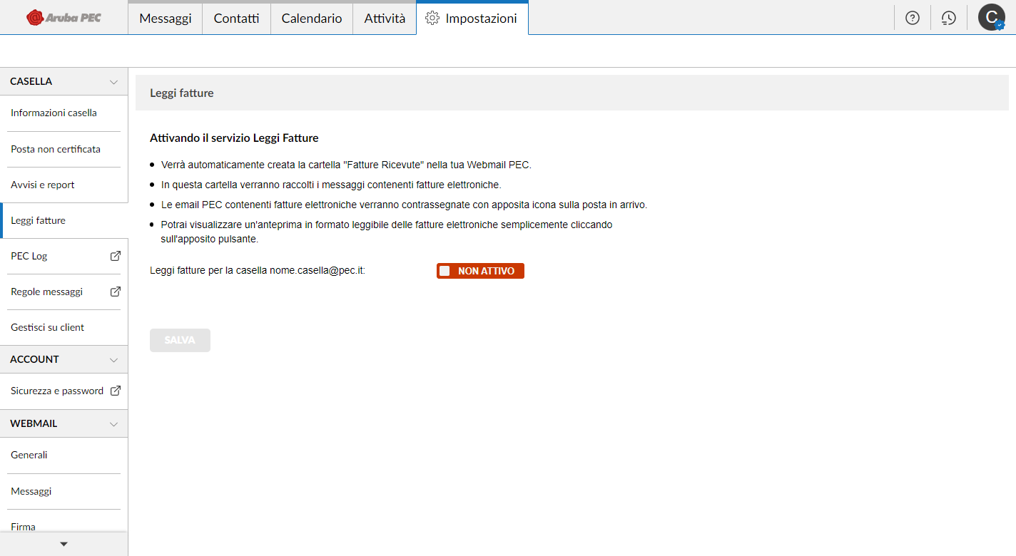 Pannelo gestione mail PEC