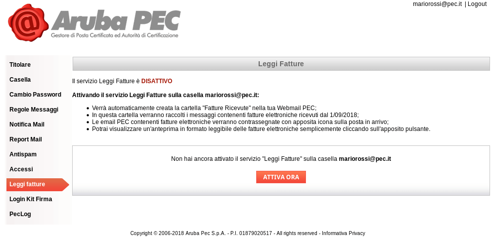 Pannello gestione PEC: attivazione servizio Leggi Fatture